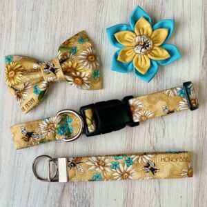 A dog collar, bow tie and flower set.