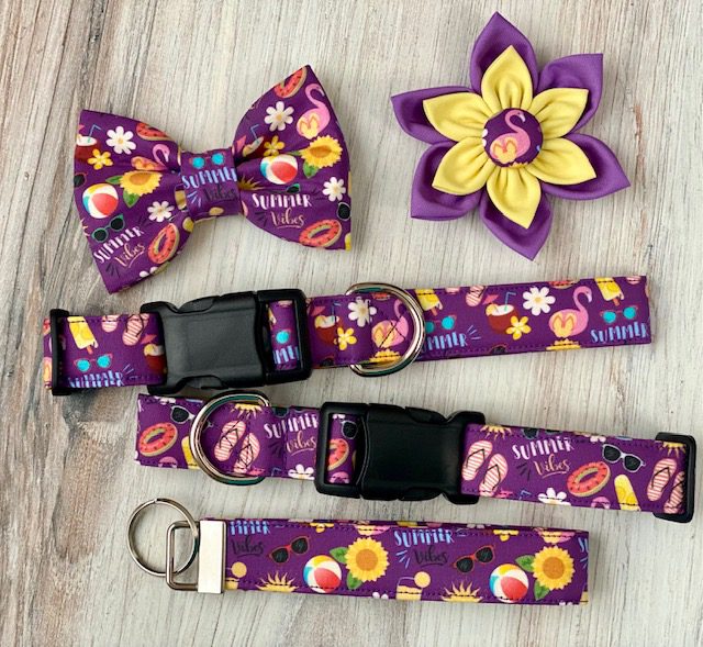 A purple dog collar and bow tie next to other items.